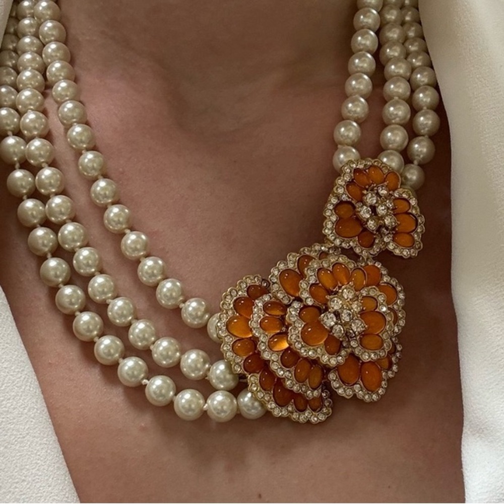 J. Crew SET …Desert Bloom Orange Flower and Cream Pearl Necklace and Bracelet